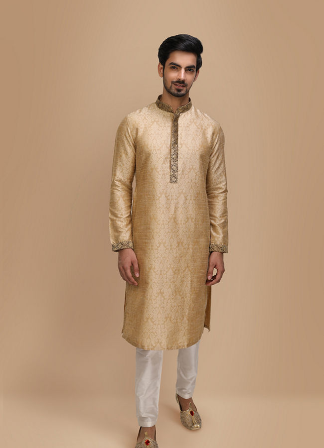 alt message - Manyavar Men Beige Jacquard Kurta Set image number 1